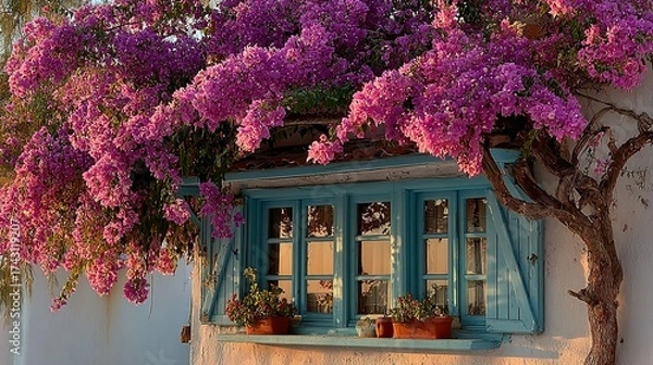 Obraz Blue window surrounded by vibrant pink flowers on a white building exterior.