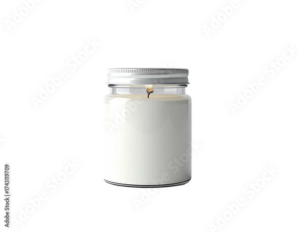 Fototapeta A lit, white candle in a clear jar with a silver lid, isolated against black