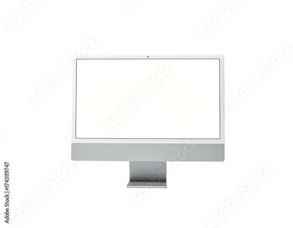 Fototapeta Modern silver all-in-one computer with a blank white screen against a black background