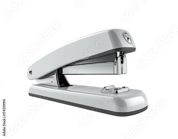 Fototapeta A glossy, white stapler on a black background, angled to reveal its inner workings