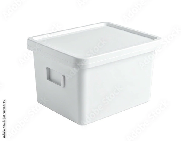 Fototapeta A white, rectangular storage container with a lid and handle cutouts, isolated