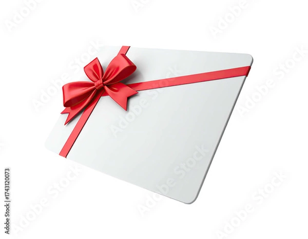 Fototapeta A wrapped, blank, off-white card with a bright red bow and ribbon on black