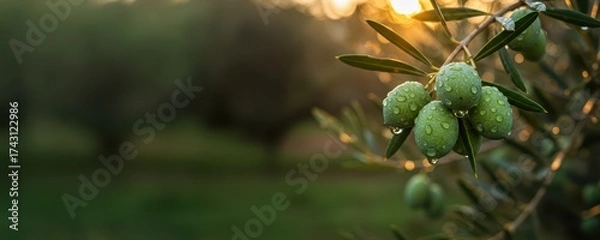 Obraz Green olives on a branch with water drops and golden bokeh. Fresh healthy products on nature background against sunrise or sunset for packaging, sale banner, food blog.