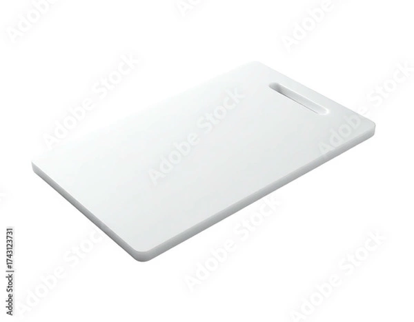 Fototapeta Angled shot of a rectangular, white, plastic kitchen cutting board with handle