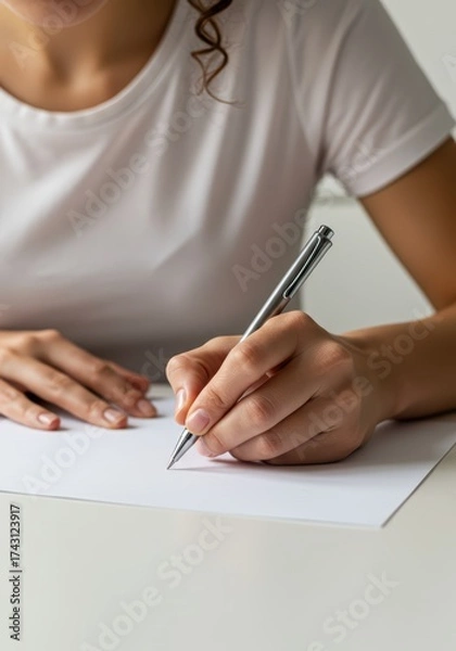 Obraz Close up of a woman hands writing on a white blank paper. Pen in hand, signing a document. Business and education concept with copy space for taking notes or working project text.