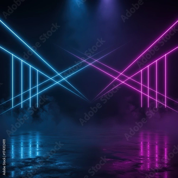 Obraz Abstract dark futuristic stage with neon laser lines and smoke on reflective wet floor. Empty showroom scene, product placement backdrop for shopping day or Super saturday sale.
