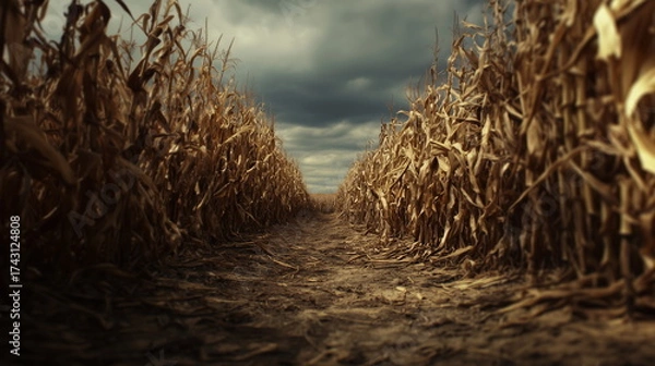 Fototapeta Dark unharvested fields of corn due to drought or economic market situations, such as trade obstacles.