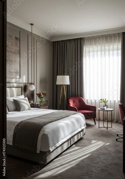 Obraz Modern hotel bedroom with a large bed and city view from the window. Luxury accommodation for travel and relaxation for guests with soft ambient light, minimalistic decor.