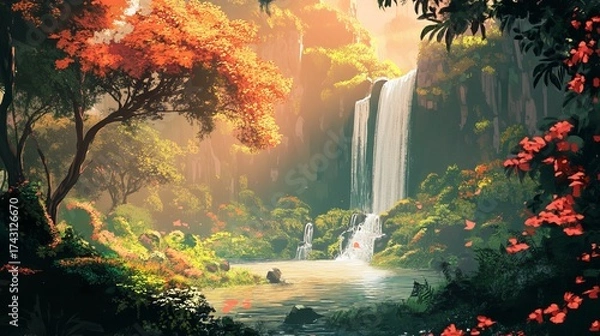 Fototapeta Tropical forest waterfall with lush green trees and jungle adventure scene