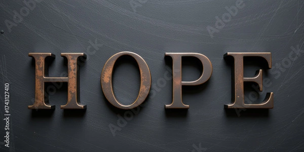 Obraz Rustic bronze metal letters forming the word HOPE on dark background, minimalist typography with moody inspirational lighting.