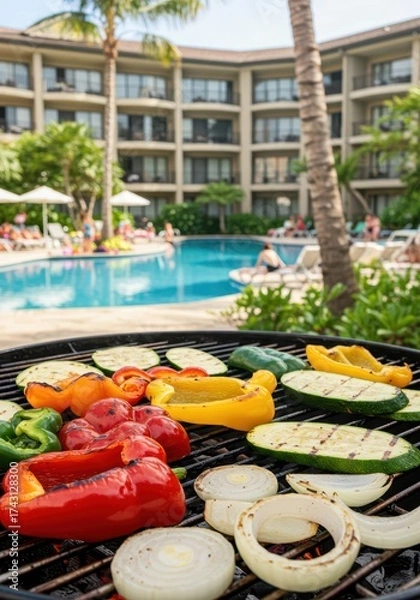 Obraz Fresh vegetables grilling on barbecue with smoke near a pool. Healthy summer food preparation outdoors for a picnic or party banner or poster.