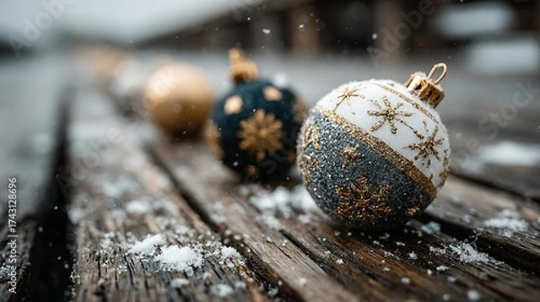 Obraz Christmas ornaments on a snowy wooden surface with a blurred background.