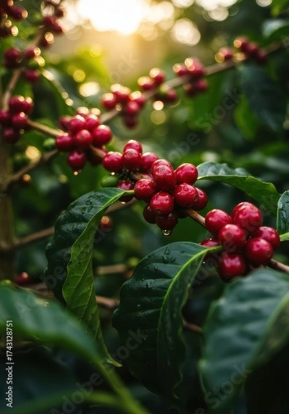 Obraz Ripe red coffee beans on branch with green leaf and water drop under rainfall, sunlight background. Fresh coffee bean growing on farm, plantation, agriculture concept for banner or poster.