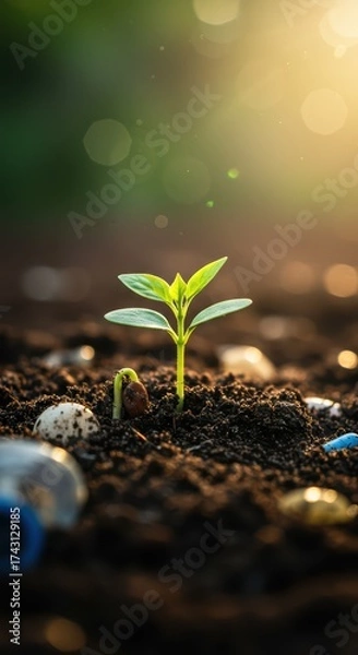 Obraz A green plant seedling growing from dark soil surrounded by plastic waste and pollution. Concept of microplastic pollution in nature. World earth day or world environment day background.