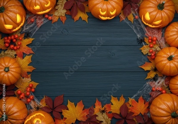 Obraz Top view of pumpkins and autumn leaves on an empty dark wooden background with copy space. Composition for an autumn decoration sale banner or poster. Happy Halloween.