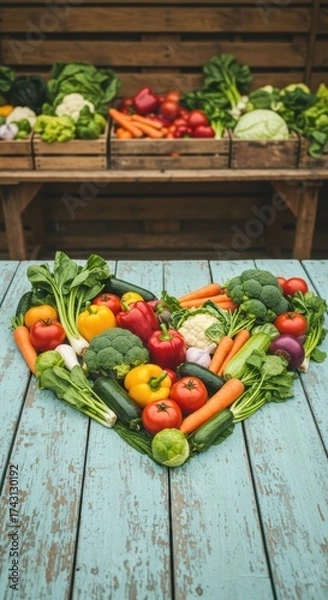 Obraz Fresh vegetables and fruits arranged in a heart shape on wooden table. Healthy eating concept for World Food Day. Organic nature food for culinary or diet blog post and eco market ads.