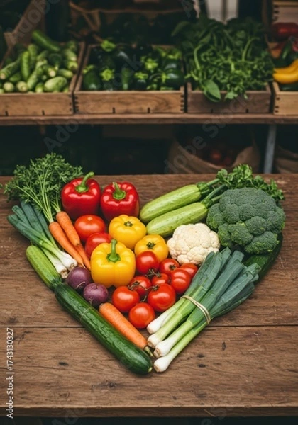 Obraz Fresh vegetables arranged in a heart shape on wooden table. Healthy eating concept for World Food Day. Nutritional food for health wellness for healthy lifestyle promotion.