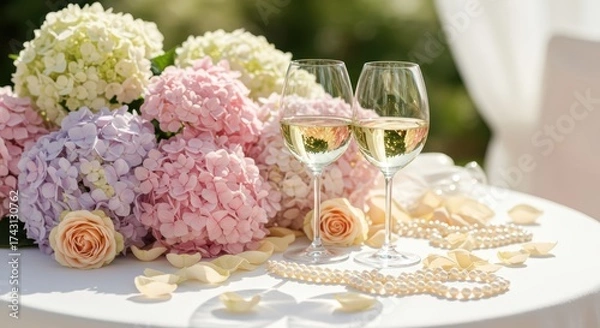 Obraz Two glasses of white wine on a table with pearls and flower petals, celebrating a special occasion. Elegant table set up for Mother's Day, birthday, anniversary or wedding lunch in a garden.