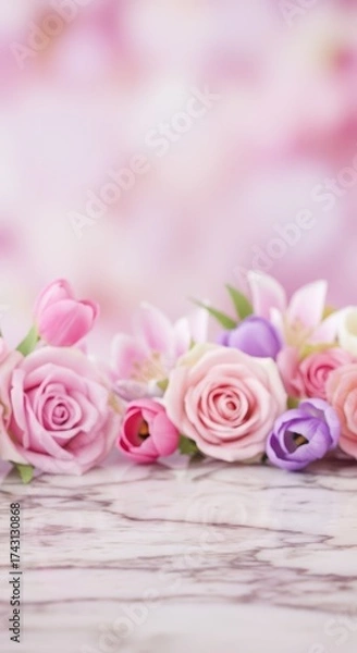 Obraz Empty white marble table with bunch of fresh roses for product montage, banner, poster, blog post with copy space for text. Mother's Day, Valentine's Day and weddings.