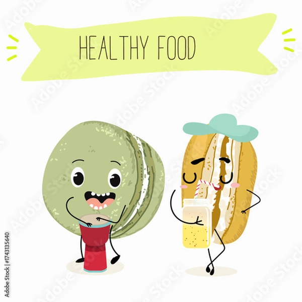 Obraz  Macarons funny characters, hand drawn vector illustration.
