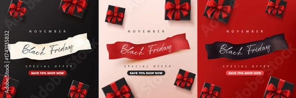 Fototapeta Elegant Black Friday banner with red ribbon gift boxes and torn paper text design perfect for sale promotion and online shopping advertisement