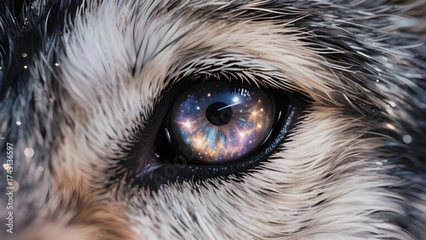 Fototapeta Macro close-up portrait of a cute husky dog's siberian eye with white fur