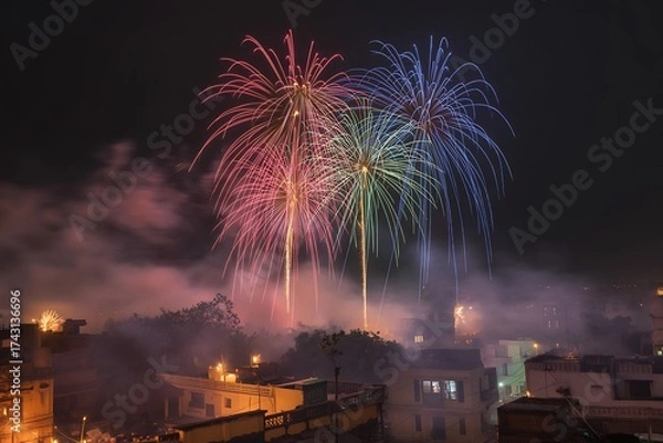 Obraz View of colorful fireworks exploding in the night sky over a city with buildings and trees below