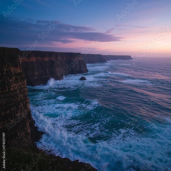 Fototapeta Sunset Over Dramatic Coastal Cliffs with Crashing Waves and Turquoise Ocean