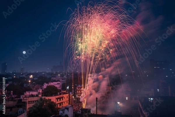 Obraz City skyline illuminated by vibrant fireworks display under the night sky with a visible moon above