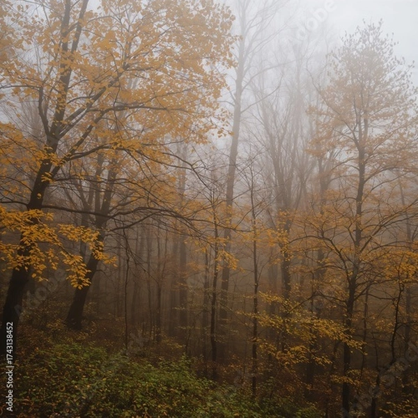 Fototapeta Foggy Autumn Forest with Golden Leaves and Misty Atmosphere at Dawn