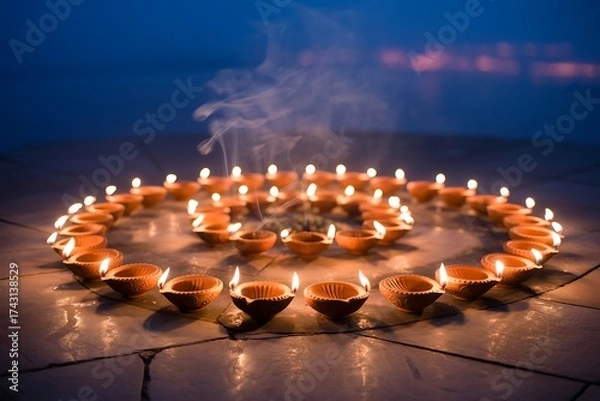 Obraz Arrangement of lit diyas forming a spiral on a tiled surface against a blurred background at twilight