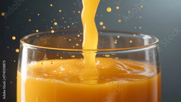 Obraz Pouring fresh orange juice into a glass with splashes and bubbles against a dark gray background view
