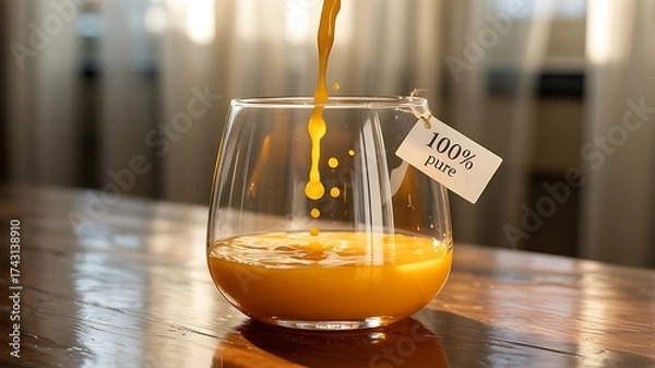 Obraz Pouring orange juice into a glass with a pure label on a wooden table in a bright and airy setting