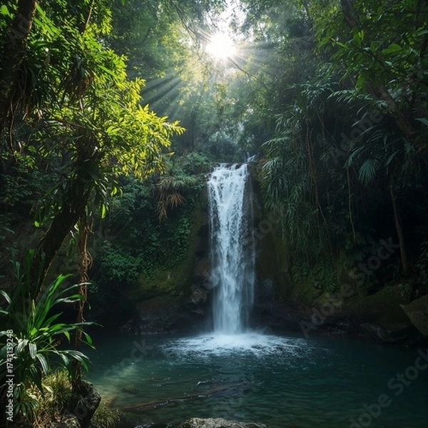 Fototapeta Sunlit Jungle Waterfall with Golden Rays Piercing Through Lush Green Forest