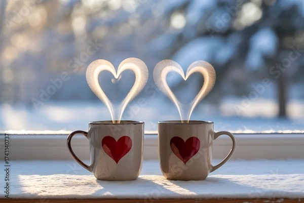 Obraz Two mugs with heart designs and heart shaped steam on a snowy windowsill in winter morning light