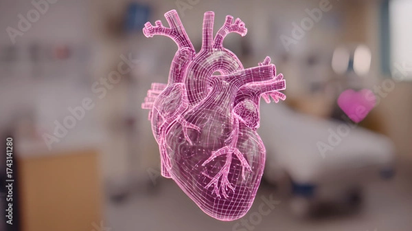 Fototapeta A vibrant neon heartbeat line with a purple heart and colorful pulses.

