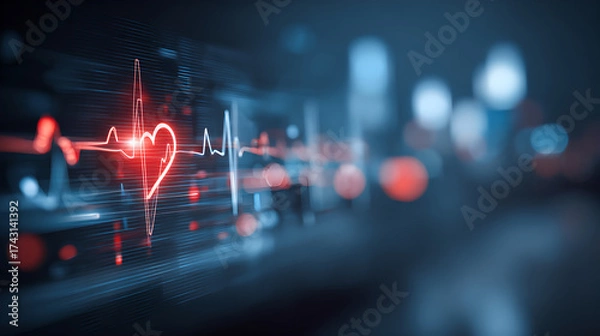 Fototapeta A glowing red heartbeat monitor displays a rhythm against a blurry background.