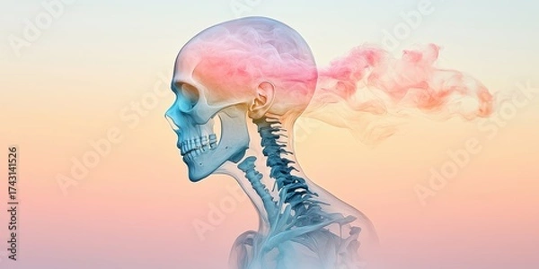 Fototapeta Ethereal dissolution of a failing body into mist surreal landscape digital art dreamlike environment side view