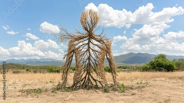 Fototapeta The failing body a tree-shaped figure representing the human form in nature's landscape