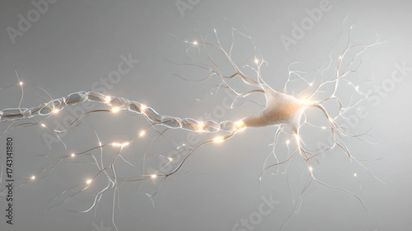 Fototapeta An electrical impulse travels through a glowing, detailed model of a neuron.
