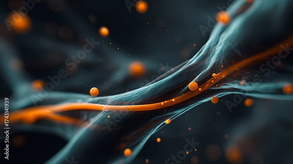 Fototapeta A dark, microscopic view of a nerve fiber carrying orange energy particles.

