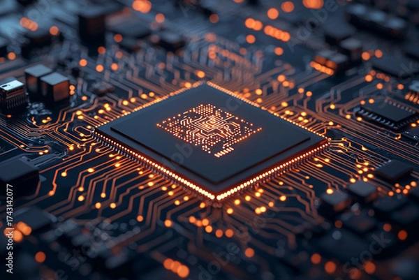 Fototapeta close up of circuit board with glowing components and intricate details, showcasing technology and innovation