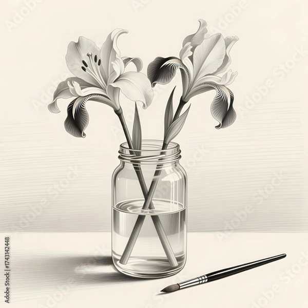 Obraz Still life of lilies in a glass jar with a paintbrush