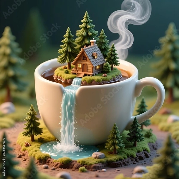 Obraz Miniature house on an island in a coffee cup waterfall
