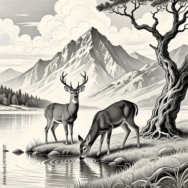 Obraz Deer drinking water by a lake with mountains and tree