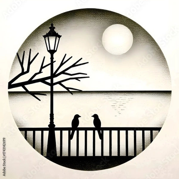 Obraz Two birds on railing with lamp post and moon at night