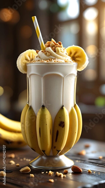 Obraz Creamy banana milkshake with nuts and banana slices