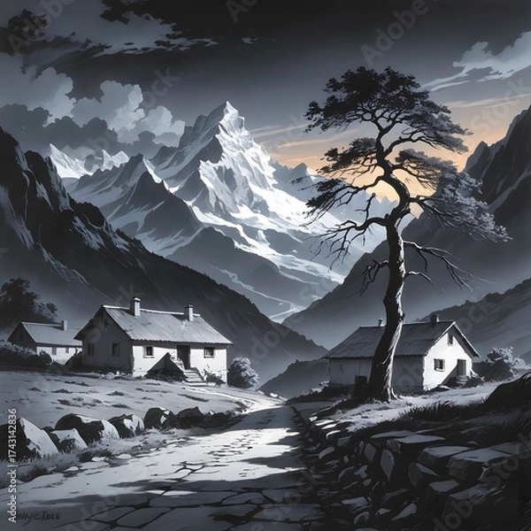 Obraz Snowy mountain village with a lone tree at sunset