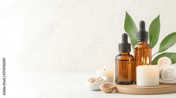 Fototapeta Relaxing spa scene with essential oils and candles for ultimate wellness retreat