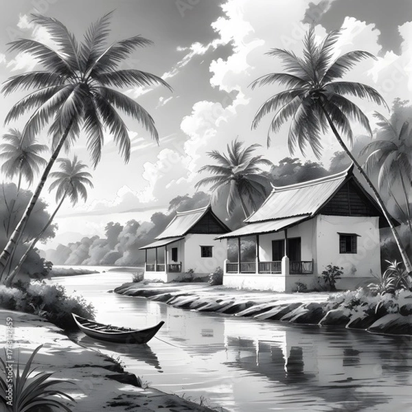 Obraz Tropical village with palm trees and a canoe